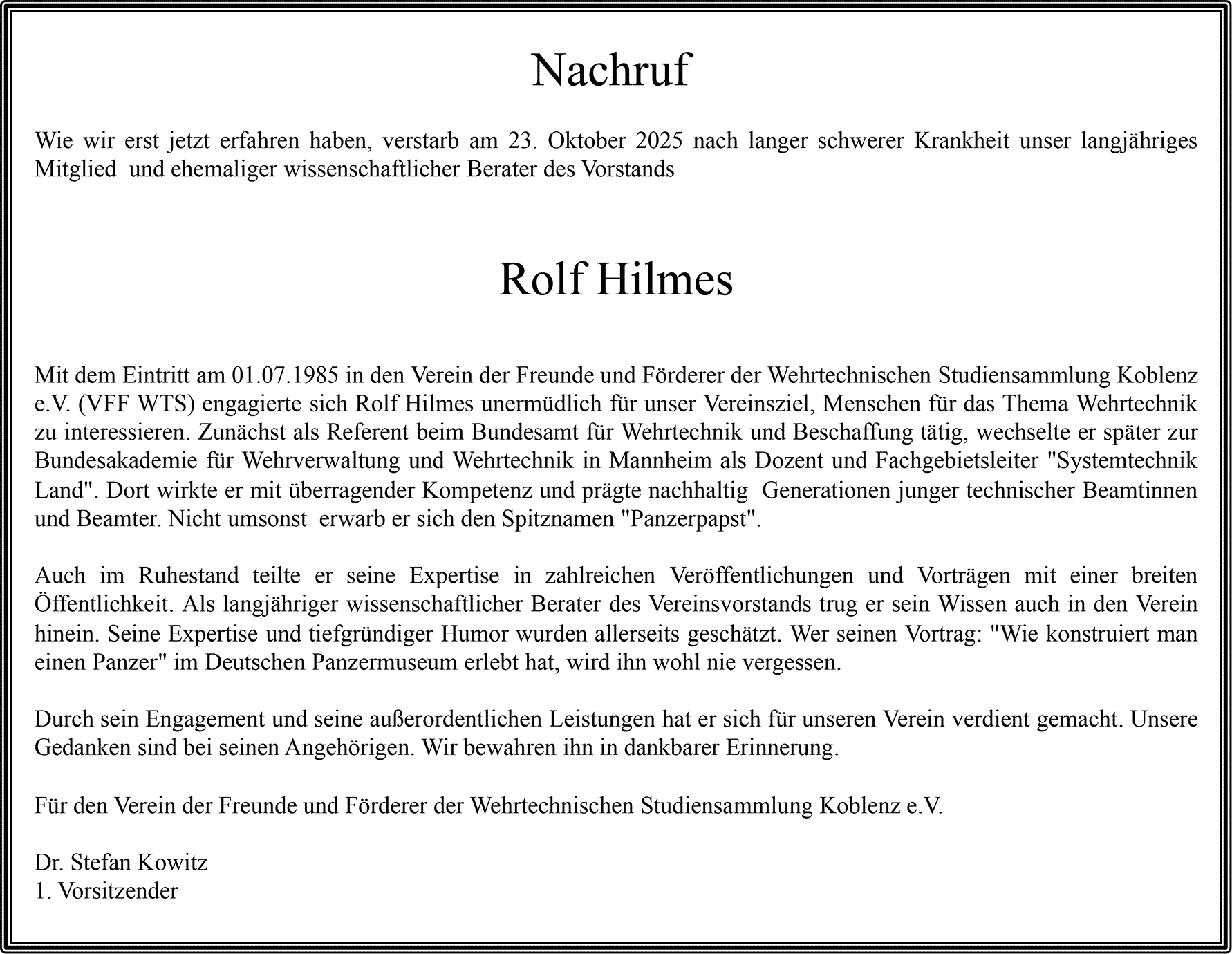 Nachruf - Rolf Hilmes